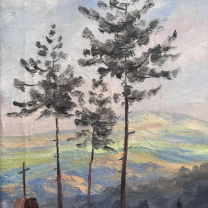 Fernand Ponthier, "Dennenbomen en Calvarie in de Ardèche," olieverfschilderij op doek