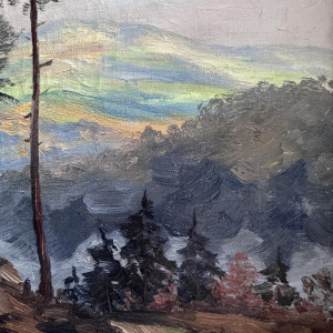 Fernand Ponthier, "Dennenbomen en Calvarie in de Ardèche," olieverfschilderij op doek