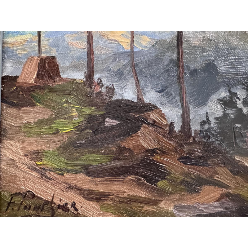 Fernand Ponthier, "Dennenbomen en Calvarie in de Ardèche," olieverfschilderij op doek