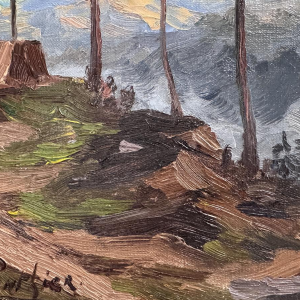 Fernand Ponthier, "Dennenbomen en Calvarie in de Ardèche," olieverfschilderij op doek