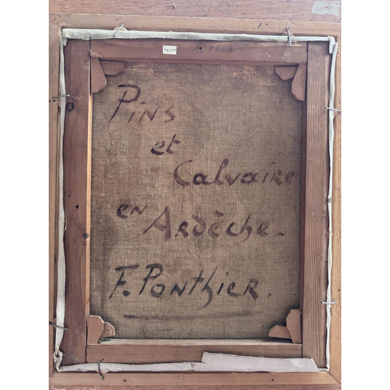 Fernand Ponthier, "Dennenbomen en Calvarie in de Ardèche," olieverfschilderij op doek