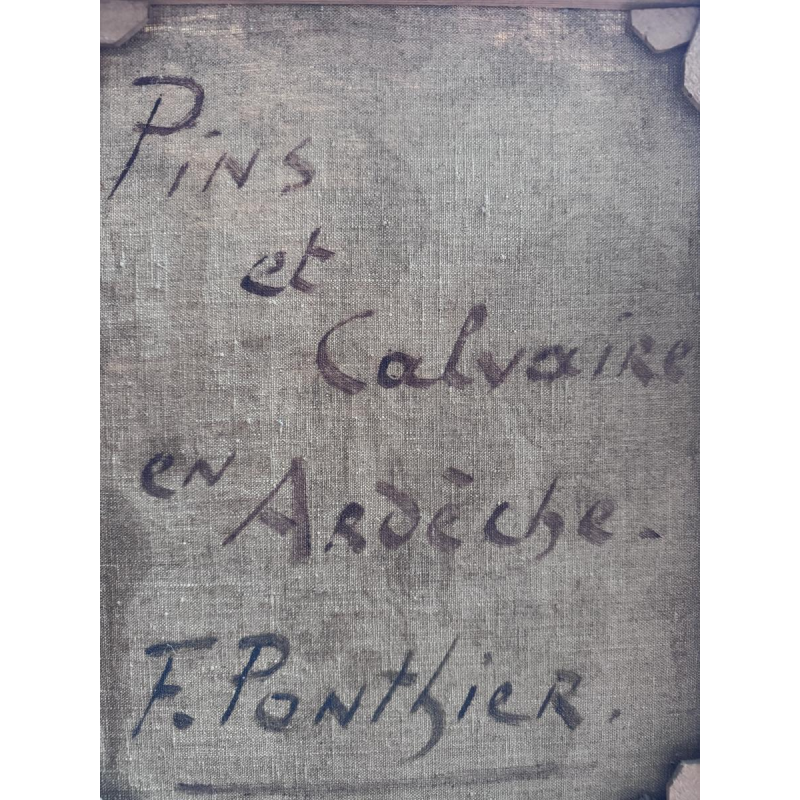 Fernand Ponthier, "Dennenbomen en Calvarie in de Ardèche," olieverfschilderij op doek