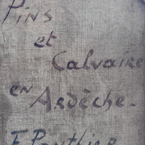 Fernand Ponthier, "Dennenbomen en Calvarie in de Ardèche," olieverfschilderij op doek