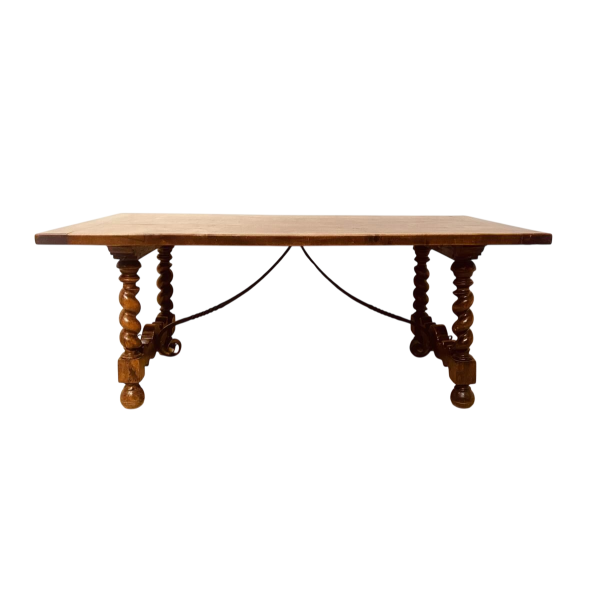Table de monastère en noyer massif, entretoise en fer martelé, pieds torsadés, XIXe siècle