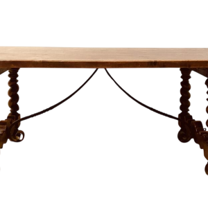 Kloostertafel van massief walnotenhout, gehamerd ijzeren frame, gedraaide poten, 19e eeuw