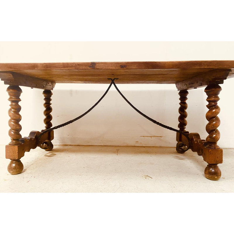 Monastery table in solid walnut, hammered iron stretcher, twisted legs, 19th century