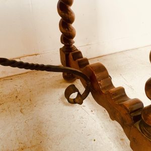 Monastery table in solid walnut, hammered iron stretcher, twisted legs, 19th century