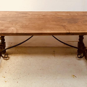 Monastery table in solid walnut, hammered iron stretcher, twisted legs, 19th century