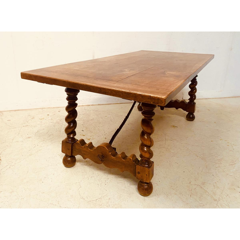 Monastery table in solid walnut, hammered iron stretcher, twisted legs, 19th century