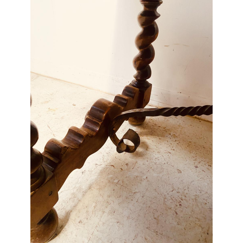 Monastery table in solid walnut, hammered iron stretcher, twisted legs, 19th century
