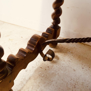 Monastery table in solid walnut, hammered iron stretcher, twisted legs, 19th century
