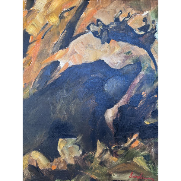 Milo Dardenne “De hond die door het everzwijn werd geslingerd”, olieverfschilderij op canvas