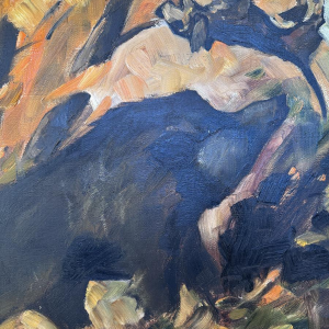 Milo DARDENNE «Le chien balancé par le sanglier» tableau huile sur toile