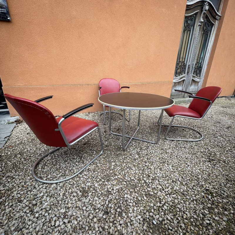WILLEM HENDRIK GISPEN, gedekte tafel 3 fauteuils 413 slede Art Deco Bauhaus, stalen buisstructuur, ca 1930