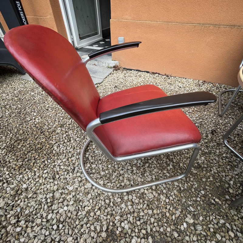 WILLEM HENDRIK GISPEN, gedekte tafel 3 fauteuils 413 slede Art Deco Bauhaus, stalen buisstructuur, ca 1930