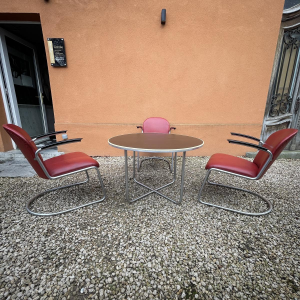 WILLEM HENDRIK GISPEN, gedekte tafel 3 fauteuils 413 slede Art Deco Bauhaus, stalen buisstructuur, ca 1930