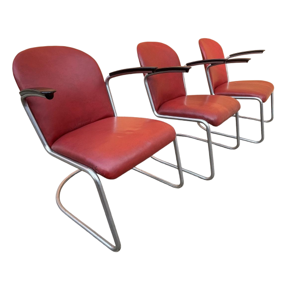 WILLEM HENDRIK GISPEN, set de 3 fauteuils 413 Art Déco moderniste, structure cantilever tube d'acier, design Bauhaus 1930s