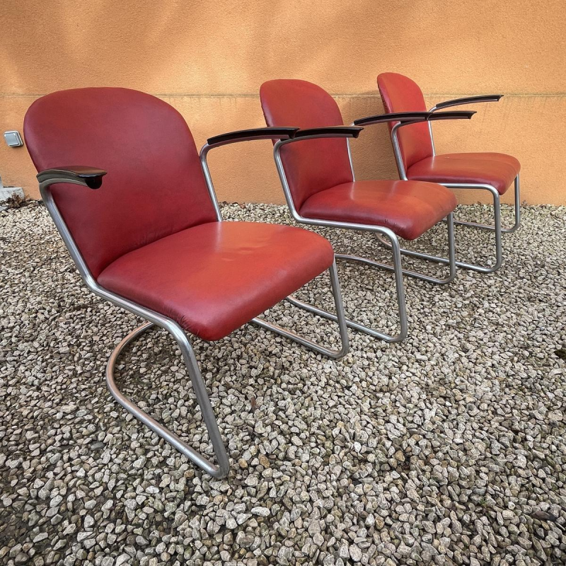 WILLEM HENDRIK GISPEN, set de 3 fauteuils 413 Art Déco moderniste, structure cantilever tube d'acier, design Bauhaus 1930s