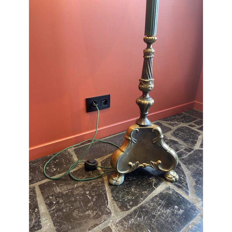 Classic bronze floor lamp, Ashoka Silk lampshade, stretched fabric lined with China Habotai silk