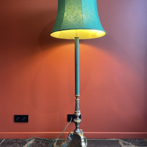 Classic bronze floor lamp, Ashoka Silk lampshade, stretched fabric lined with China Habotai silk