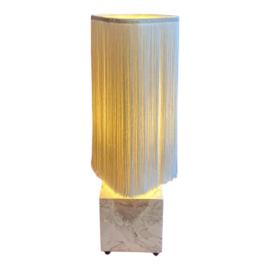Table lamp, beige marble stucco base, Houles fringed lampshade, contemporary handcrafted work