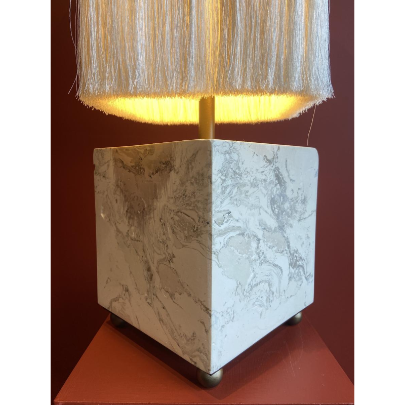 Table lamp, beige marble stucco base, Houles fringed lampshade, contemporary handcrafted work