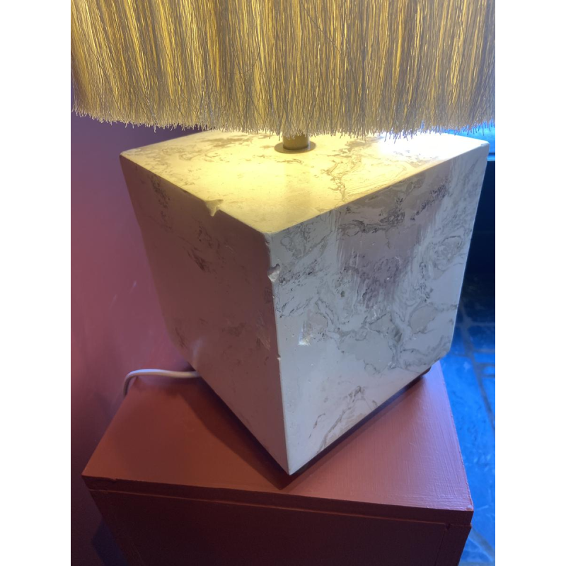 Table lamp, beige marble stucco base, Houles fringed lampshade, contemporary handcrafted work