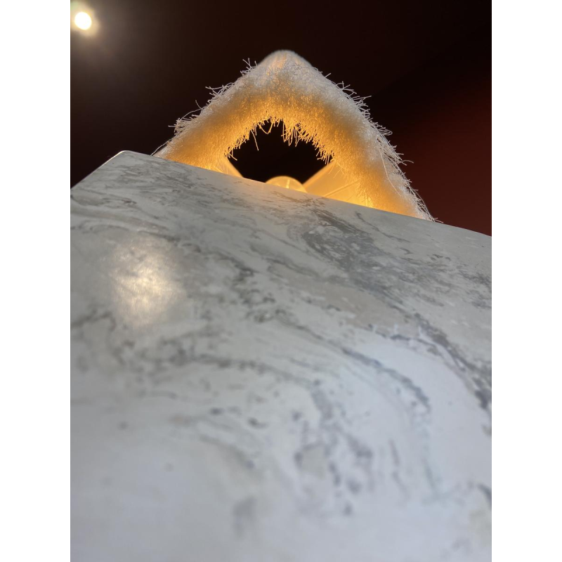 Table lamp, beige marble stucco base, Houles fringed lampshade, contemporary handcrafted work