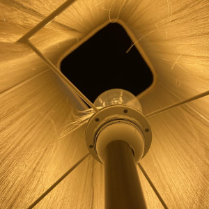 Table lamp, beige marble stucco base, Houles fringed lampshade, contemporary handcrafted work