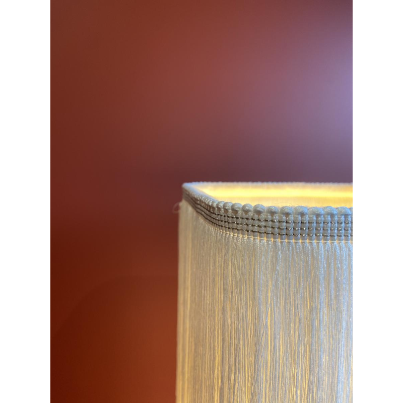 Table lamp, beige marble stucco base, Houles fringed lampshade, contemporary handcrafted work