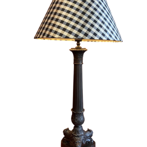 Empire style bronze table lamp, tripod base, silk lampshade, black and white checkered pattern, 19th century