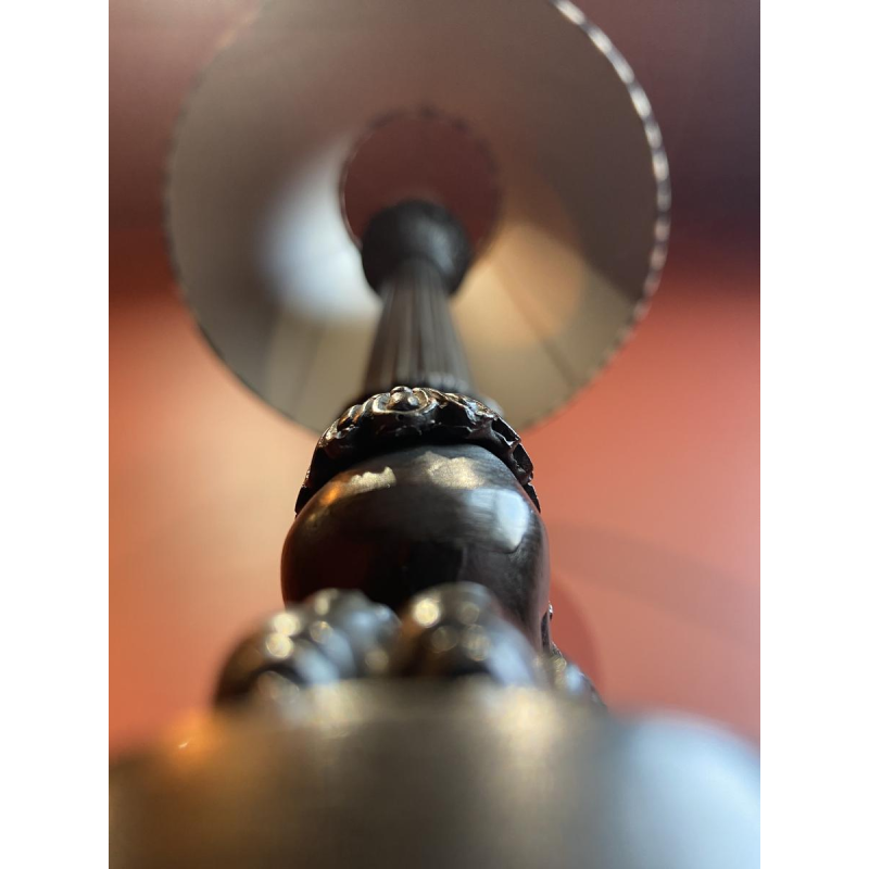 Empire style bronze table lamp, tripod base, silk lampshade, black and white checkered pattern, 19th century