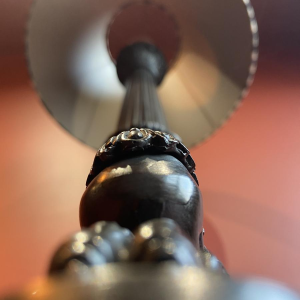 Empire style bronze table lamp, tripod base, silk lampshade, black and white checkered pattern, 19th century