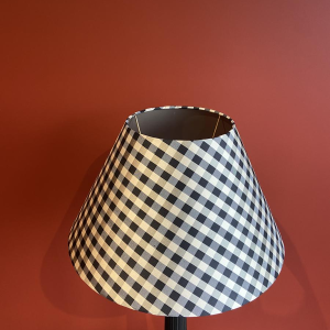 Empire style bronze table lamp, tripod base, silk lampshade, black and white checkered pattern, 19th century