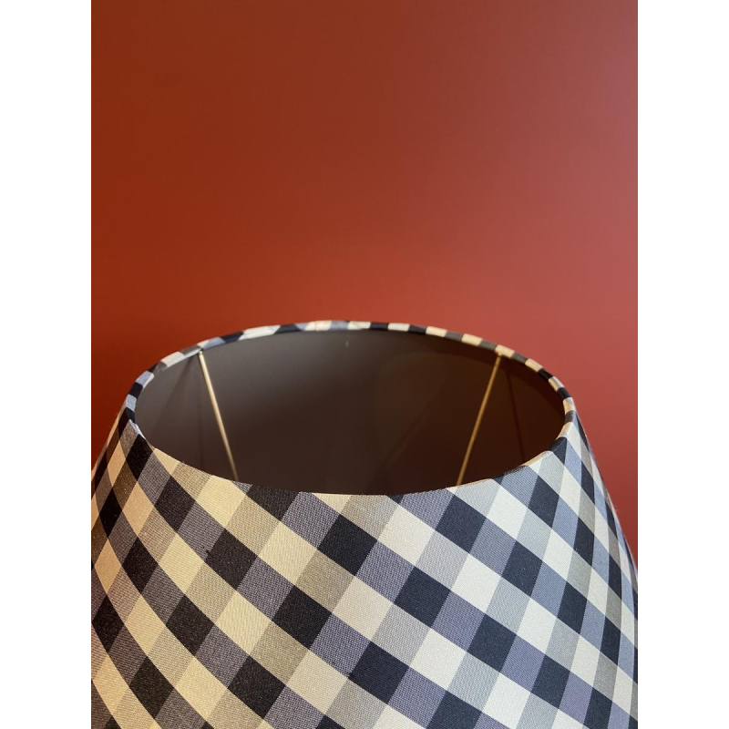 Empire style bronze table lamp, tripod base, silk lampshade, black and white checkered pattern, 19th century