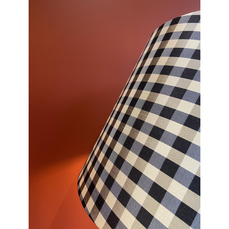 Empire style bronze table lamp, tripod base, silk lampshade, black and white checkered pattern, 19th century