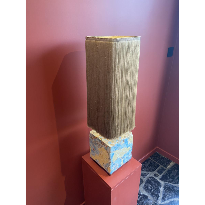 Table lamp, marble-plaster base, Houles fringed lampshade, contemporary handcrafted work, 21st century