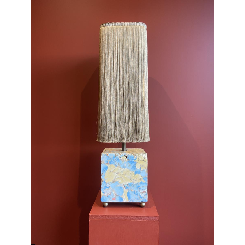 Table lamp, marble-plaster base, Houles fringed lampshade, contemporary handcrafted work, 21st century