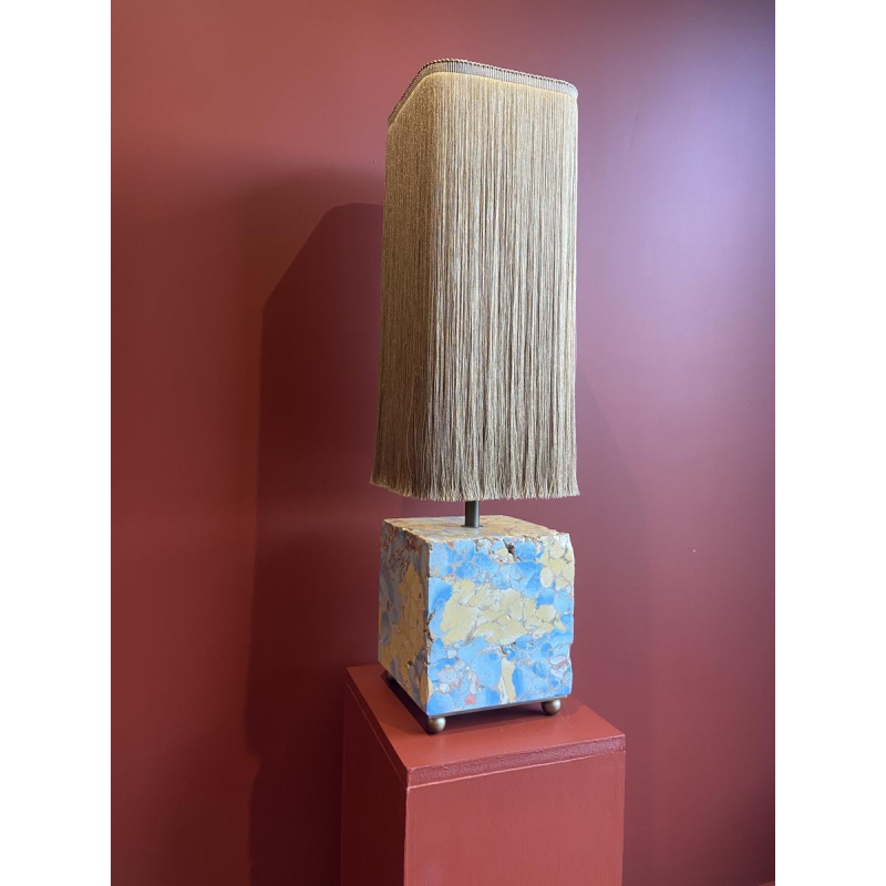 Table lamp, marble-plaster base, Houles fringed lampshade, contemporary handcrafted work, 21st century