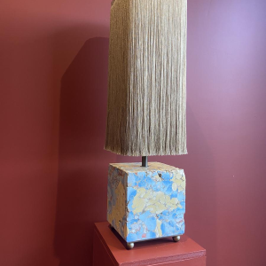 Table lamp, marble-plaster base, Houles fringed lampshade, contemporary handcrafted work, 21st century