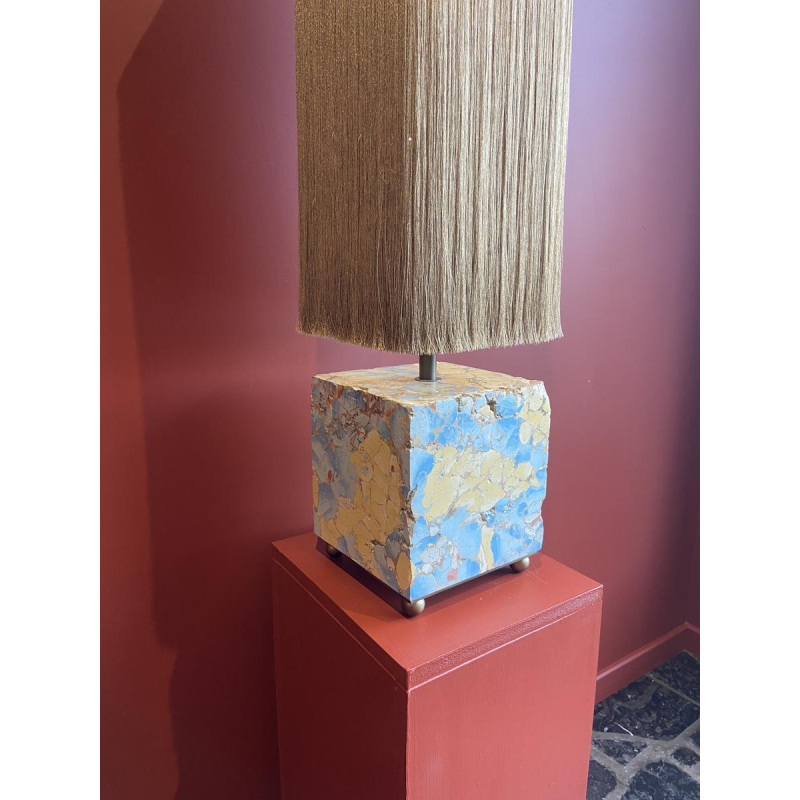Table lamp, marble-plaster base, Houles fringed lampshade, contemporary handcrafted work, 21st century