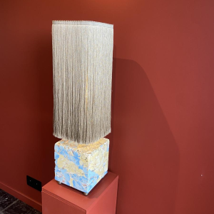 Table lamp, marble-plaster base, Houles fringed lampshade, contemporary handcrafted work, 21st century