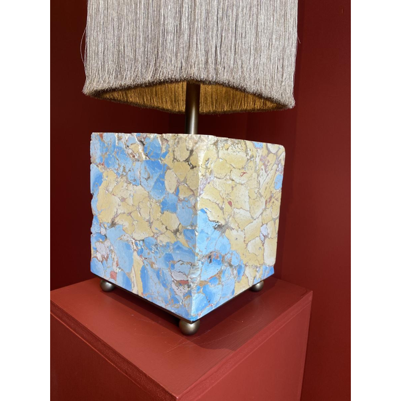Table lamp, marble-plaster base, Houles fringed lampshade, contemporary handcrafted work, 21st century