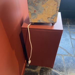 Table lamp, marble-plaster base, Houles fringed lampshade, contemporary handcrafted work, 21st century