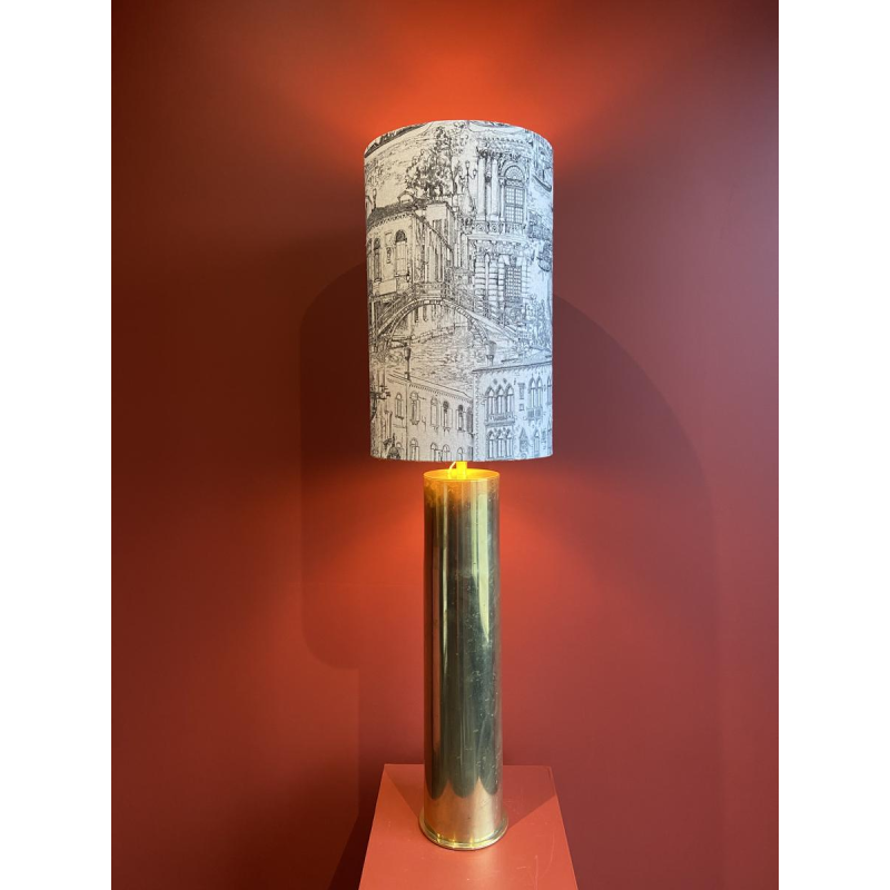 Lampe à poser "Douille d'obus Magdeburg allemande" 1ère Guerre Mondiale, abat-jour lin motif Venise