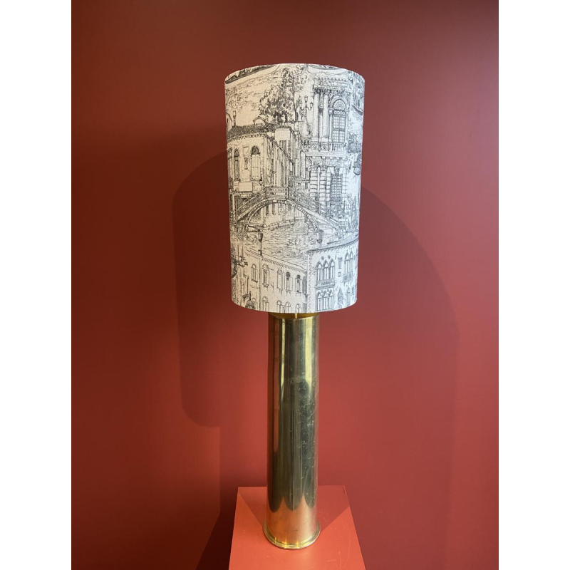 Lampe à poser "Douille d'obus Magdeburg allemande" 1ère Guerre Mondiale, abat-jour lin motif Venise