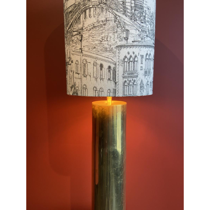Lampe à poser "Douille d'obus Magdeburg allemande" 1ère Guerre Mondiale, abat-jour lin motif Venise