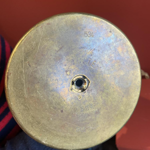 Lampe à poser "Douille d'obus Magdeburg allemande" 1ère Guerre Mondiale, abat-jour lin motif Venise