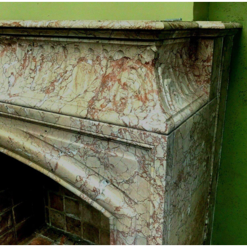 Louis XIV style fireplace with hood, speckled pink veined marble, 19th century