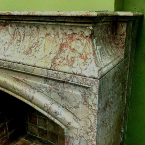 Louis XIV style fireplace with hood, speckled pink veined marble, 19th century